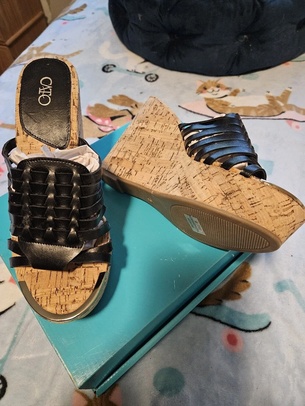 BRAND NEW ** Cato Black Woven Leather Cork Wedge Sandals